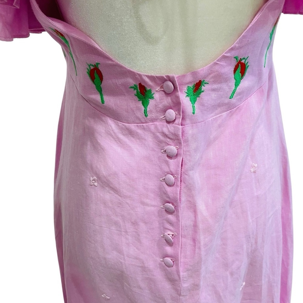 FANM MON Aster Pink Demre Linen Embroidered Maxi Dress Ruffle Sleeve NWT $357 - Picture 9 of 16